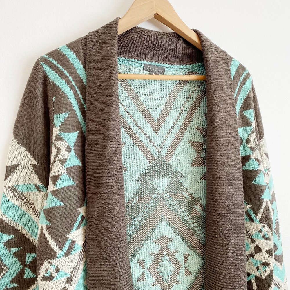 Eddie Bauer, NWOT, Women's Aztec Lightweight Open Cardigan, Teal/Brown, Large - Picture 3 of 9